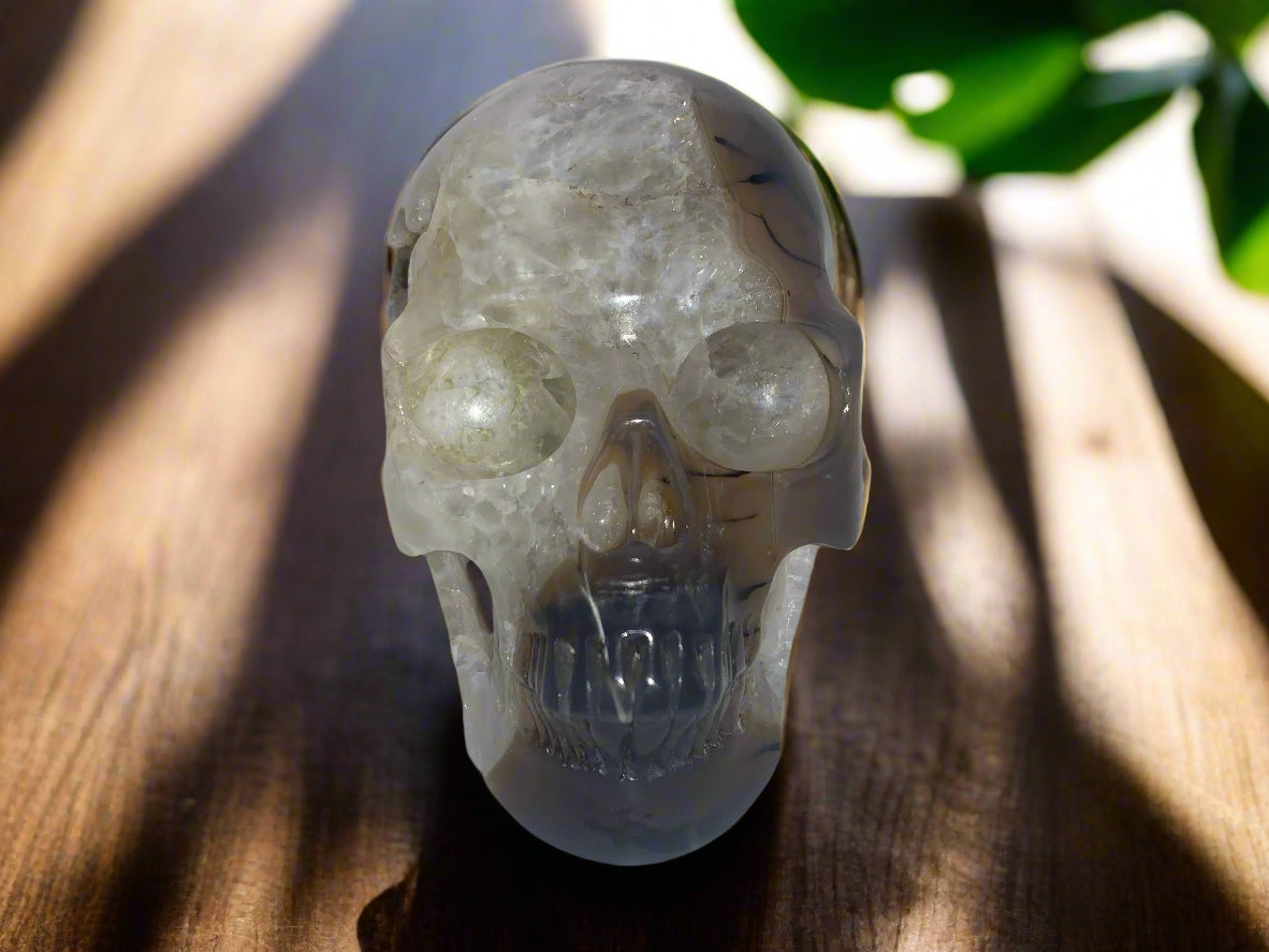 5.4" Agate and Quartz Geode Skull w/ Rainbows