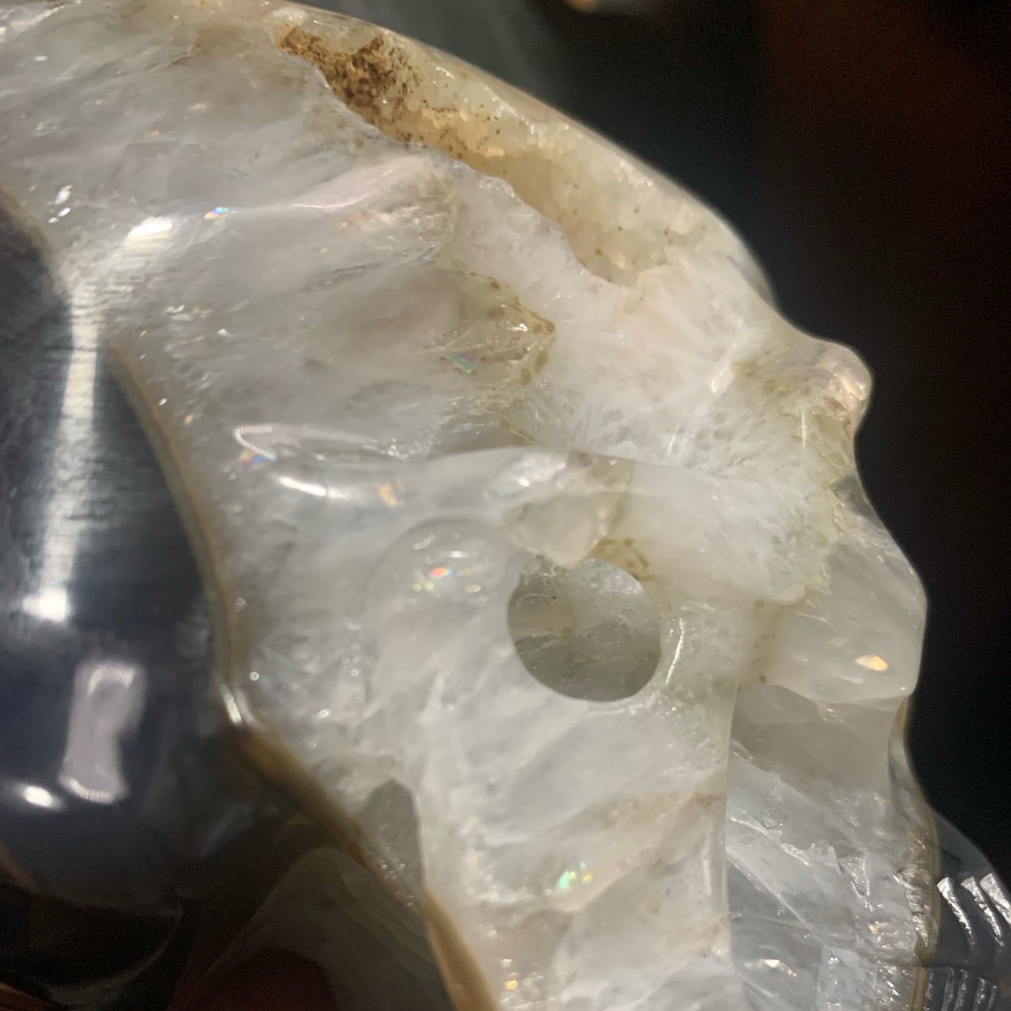 5.4" Agate and Quartz Geode Skull w/ Rainbows