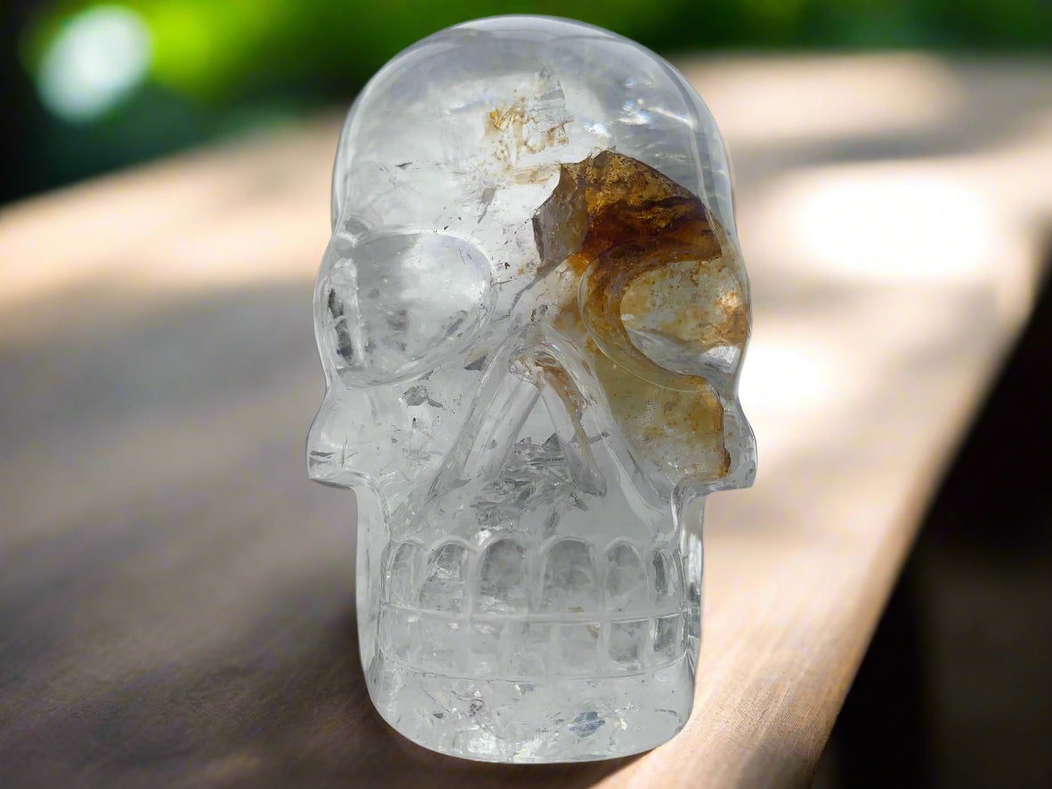 5" Himalayan Quartz Golden Healer Skull w/ Rainbows