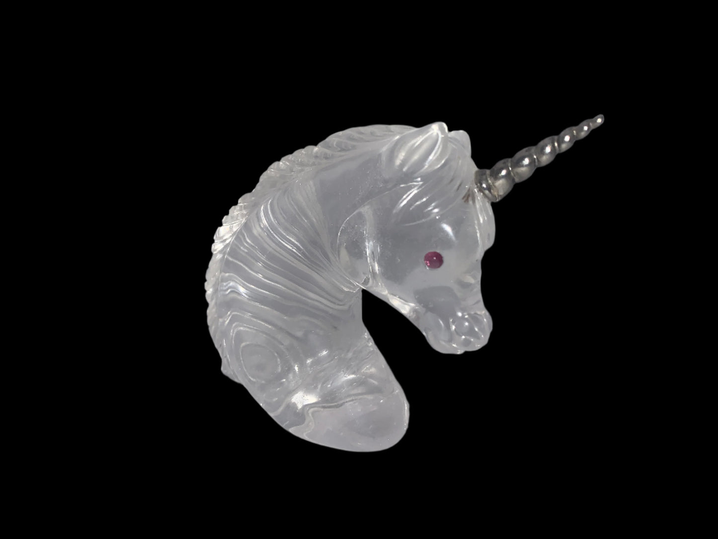 4.5" Quartz Sterling Horn Baby Unicorn w/ Garnet Eyes & Rainbows