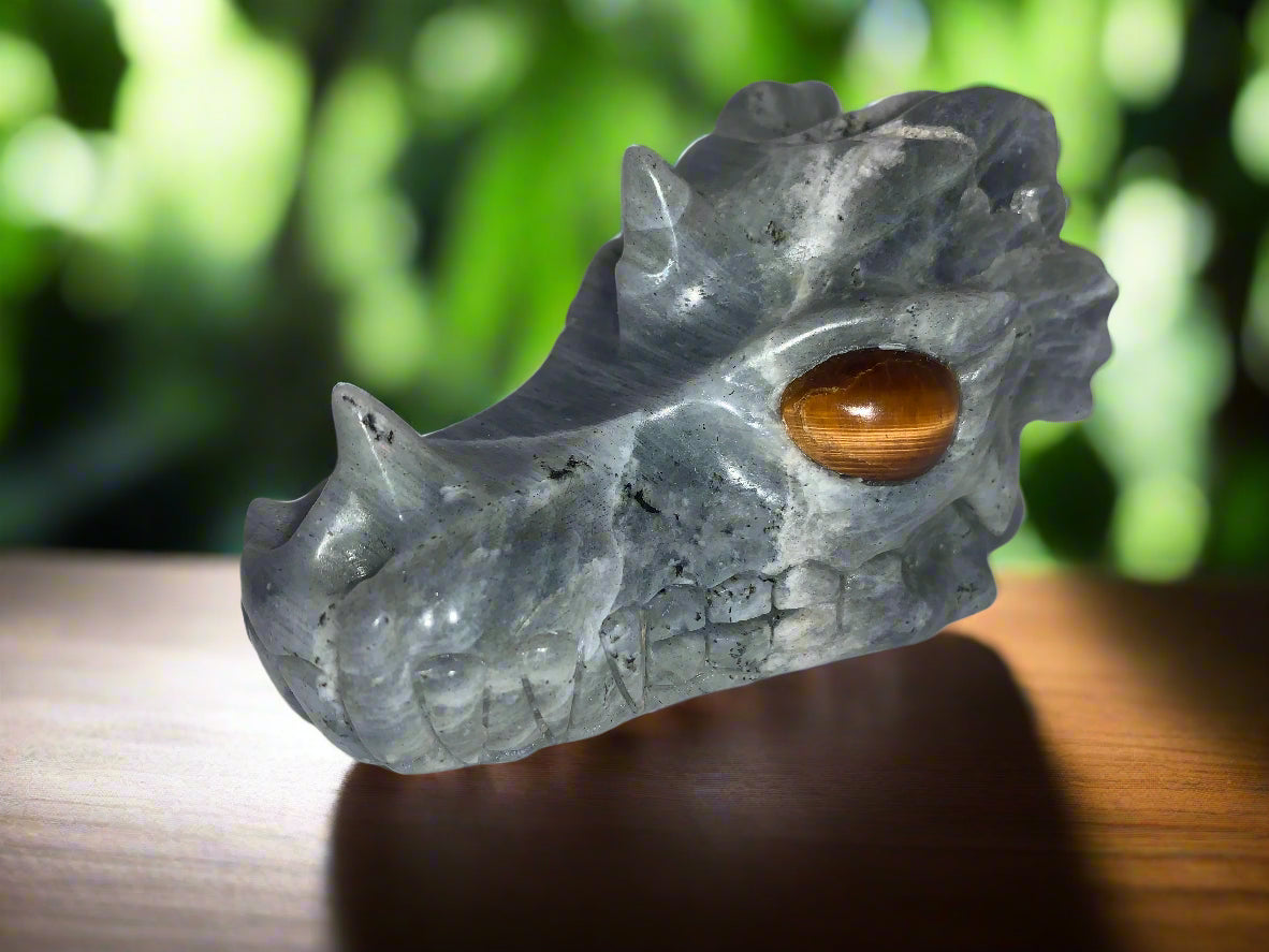 4.1" Labradorite Dragon Skull w/ Orange Chatoyancy & Tiger Eye Eyes