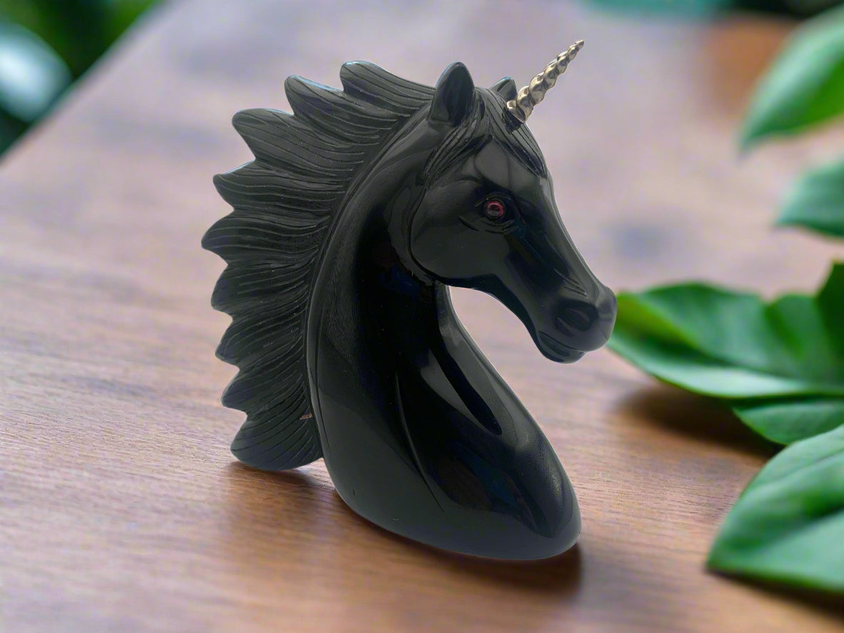 7" Black Obsidian Unicorn w/ Sterling Horn & Ruby Eyes