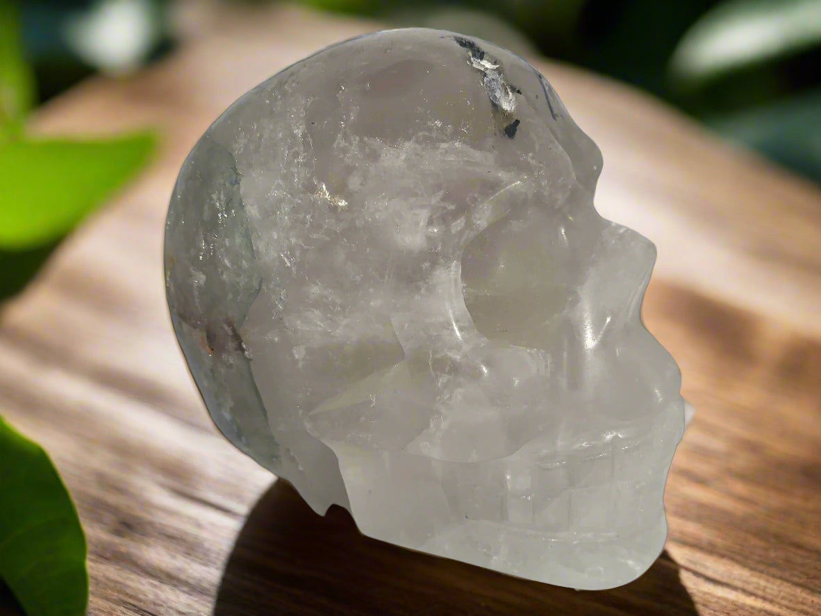 6.3" Quartz, Green Tourmaline & Chlorite Skull w/ Rainbows