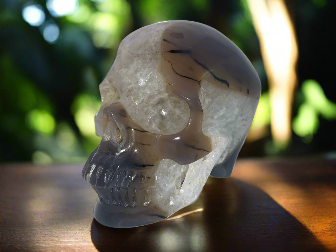 5.4" Agate and Quartz Geode Skull w/ Rainbows