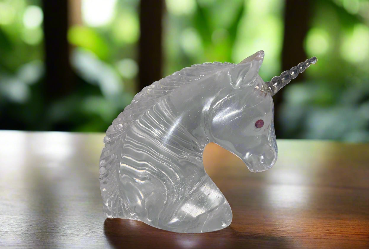 4.5" Quartz Sterling Horn Baby Unicorn w/ Garnet Eyes & Rainbows
