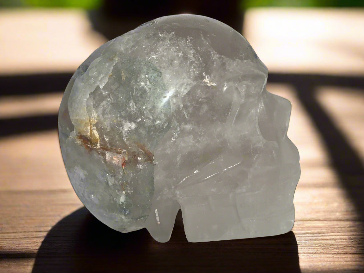 6.3" Quartz, Green Tourmaline & Chlorite Skull w/ Rainbows