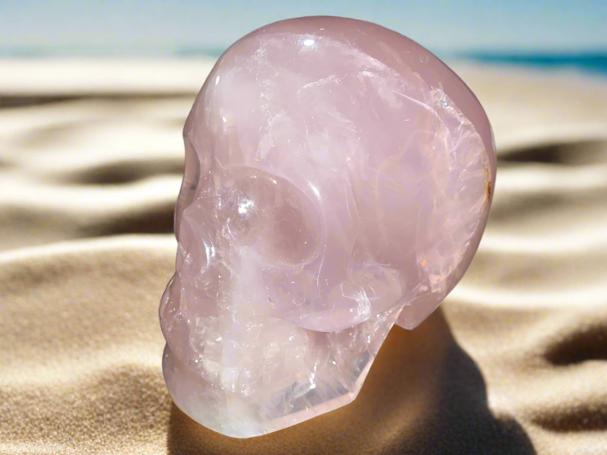 5.3" Self Healed Rose Quartz Skull w/ Rainbows