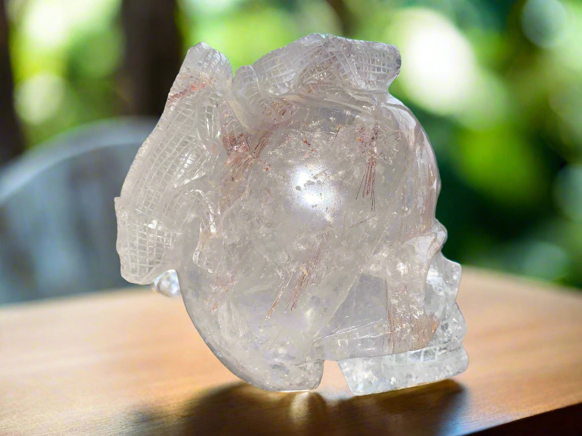 6.75" Copper Rutilated Quartz Lizard Skull w/ Rainbows