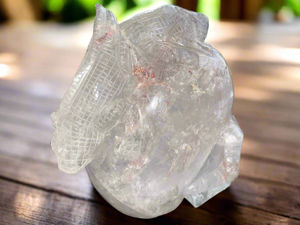 6.75" Copper Rutilated Quartz Lizard Skull w/ Rainbows