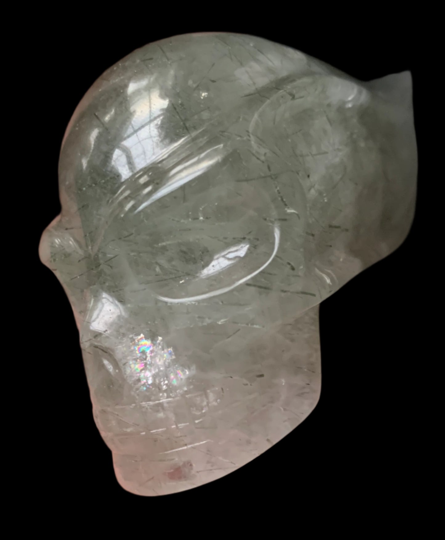 "Cosmic Heart" 5.2" Leandro de Souza Green Rutilated Brazilian Quartz Traveler Skull w/ Rainbows