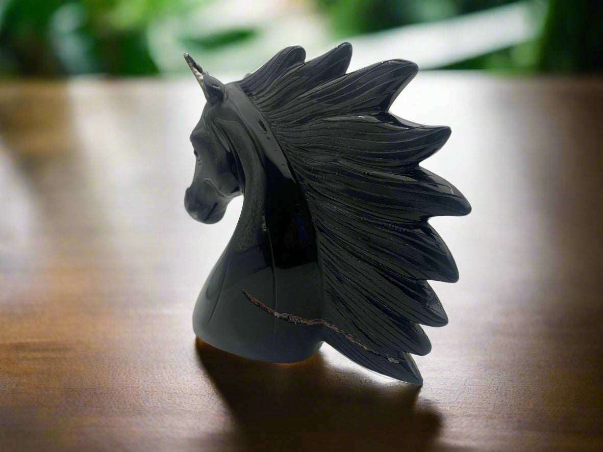 7" Black Obsidian Unicorn w/ Sterling Horn & Ruby Eyes