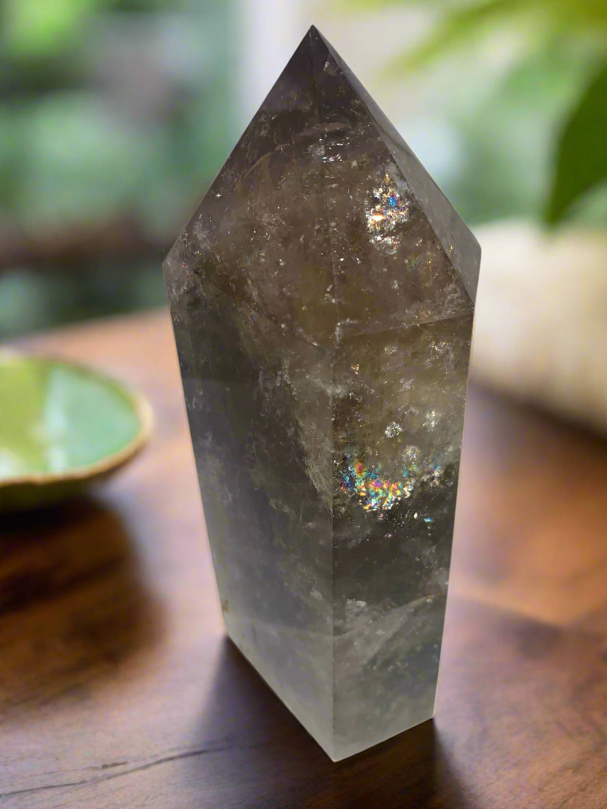 7.5" Smoky Quartz Hematoid Obelisk w/ Rainbows Everywhere