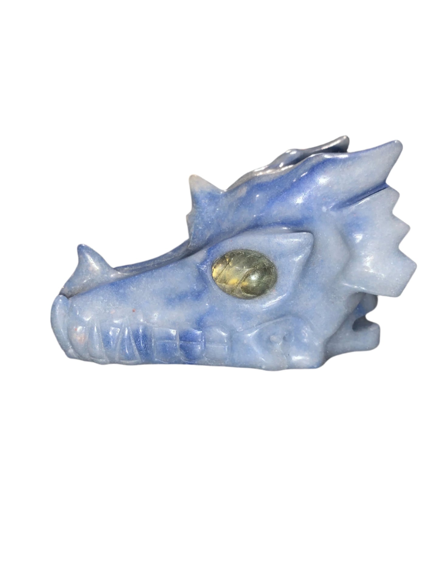 Cráneo de dragón de aventurina azul de 5" con ojos de labradorita