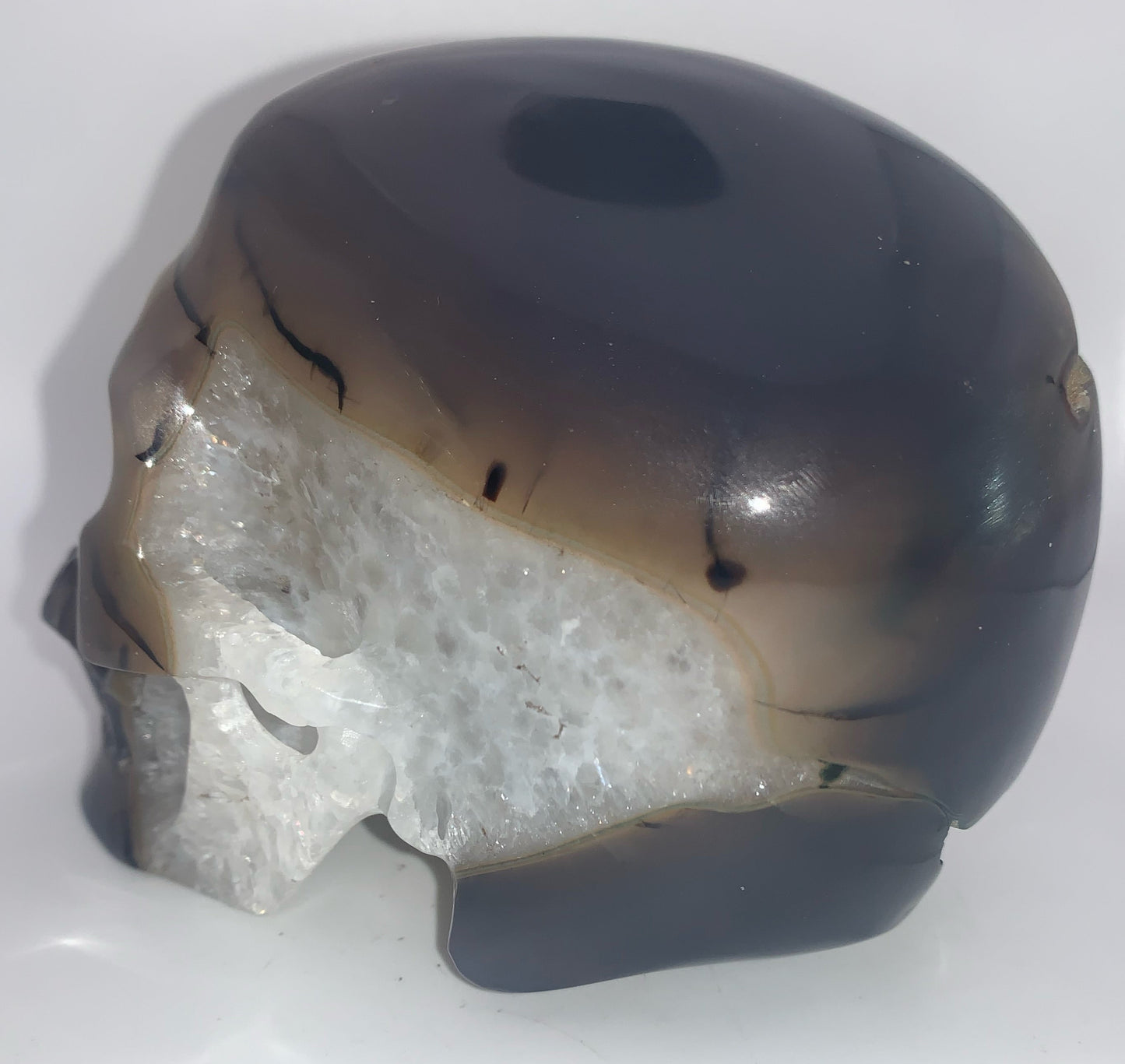 5.4" Agate and Quartz Geode Skull w/ Rainbows