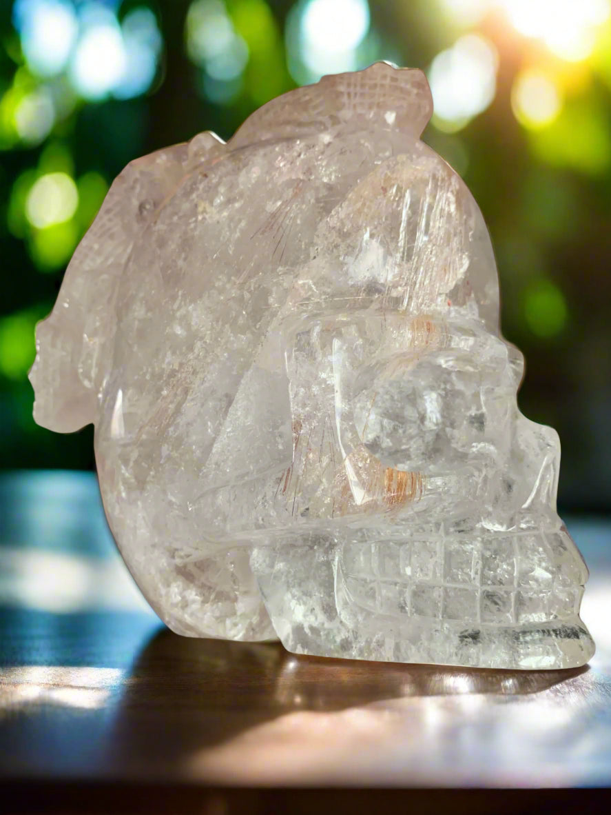 6.75" Copper Rutilated Quartz Lizard Skull w/ Rainbows