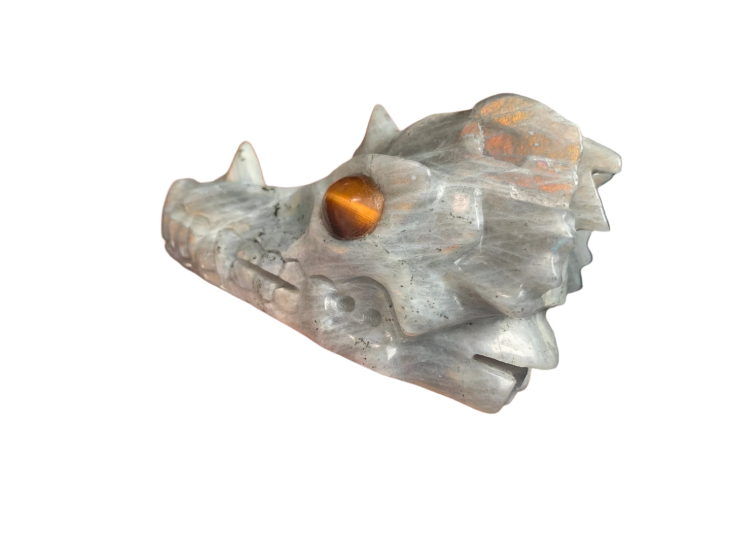 4.1" Labradorite Dragon Skull w/ Orange Chatoyancy & Tiger Eye Eyes