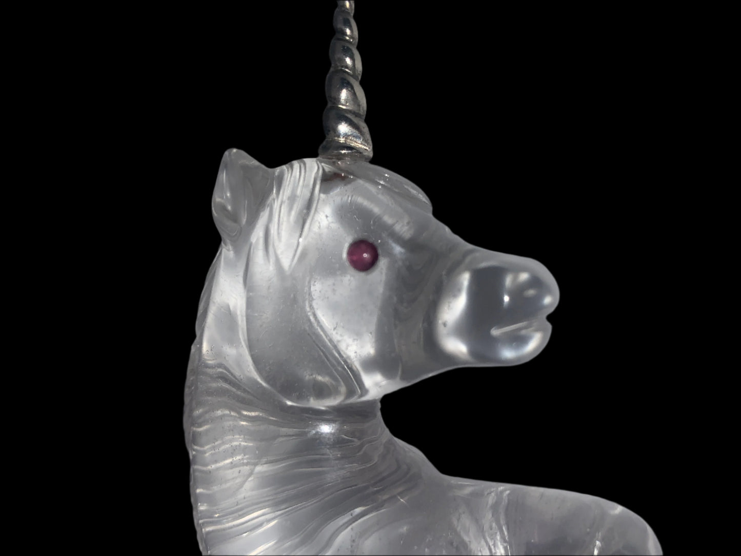 4.5" Quartz Sterling Horn Baby Unicorn w/ Garnet Eyes & Rainbows
