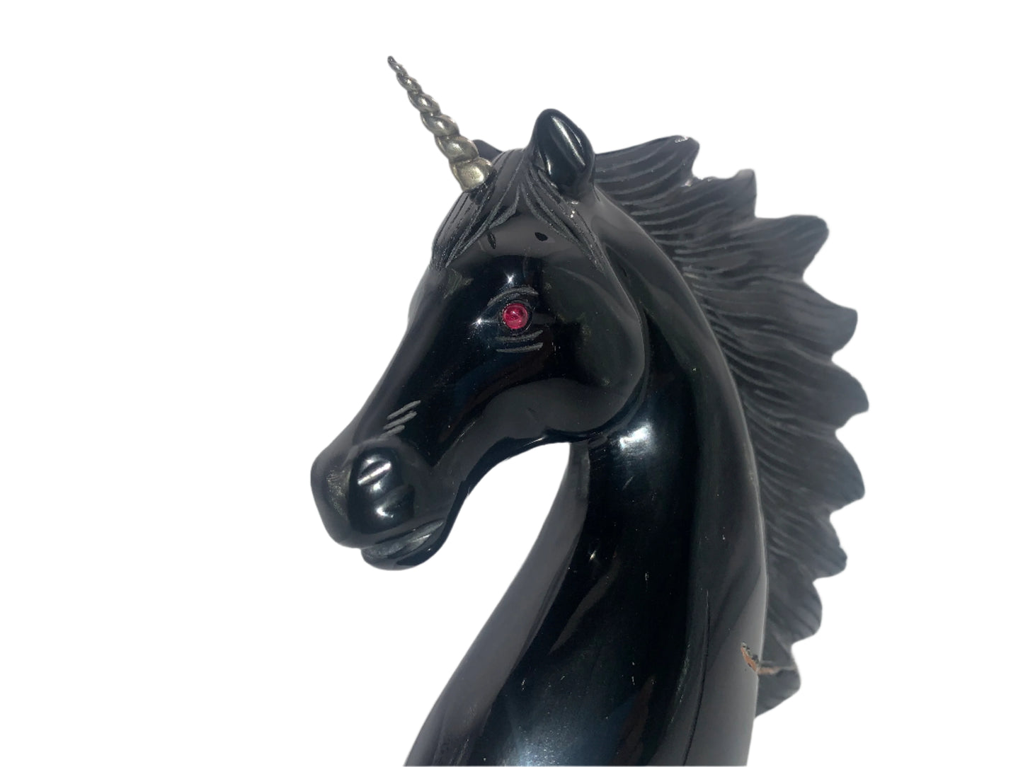 7" Black Obsidian Unicorn w/ Sterling Horn & Ruby Eyes