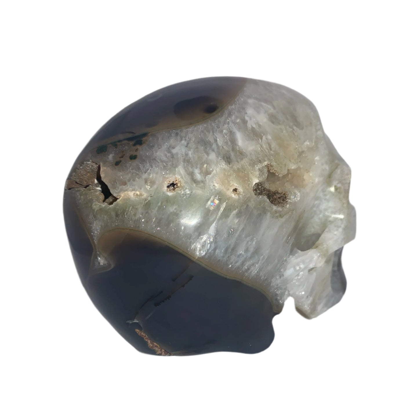 5.4" Agate and Quartz Geode Skull w/ Rainbows