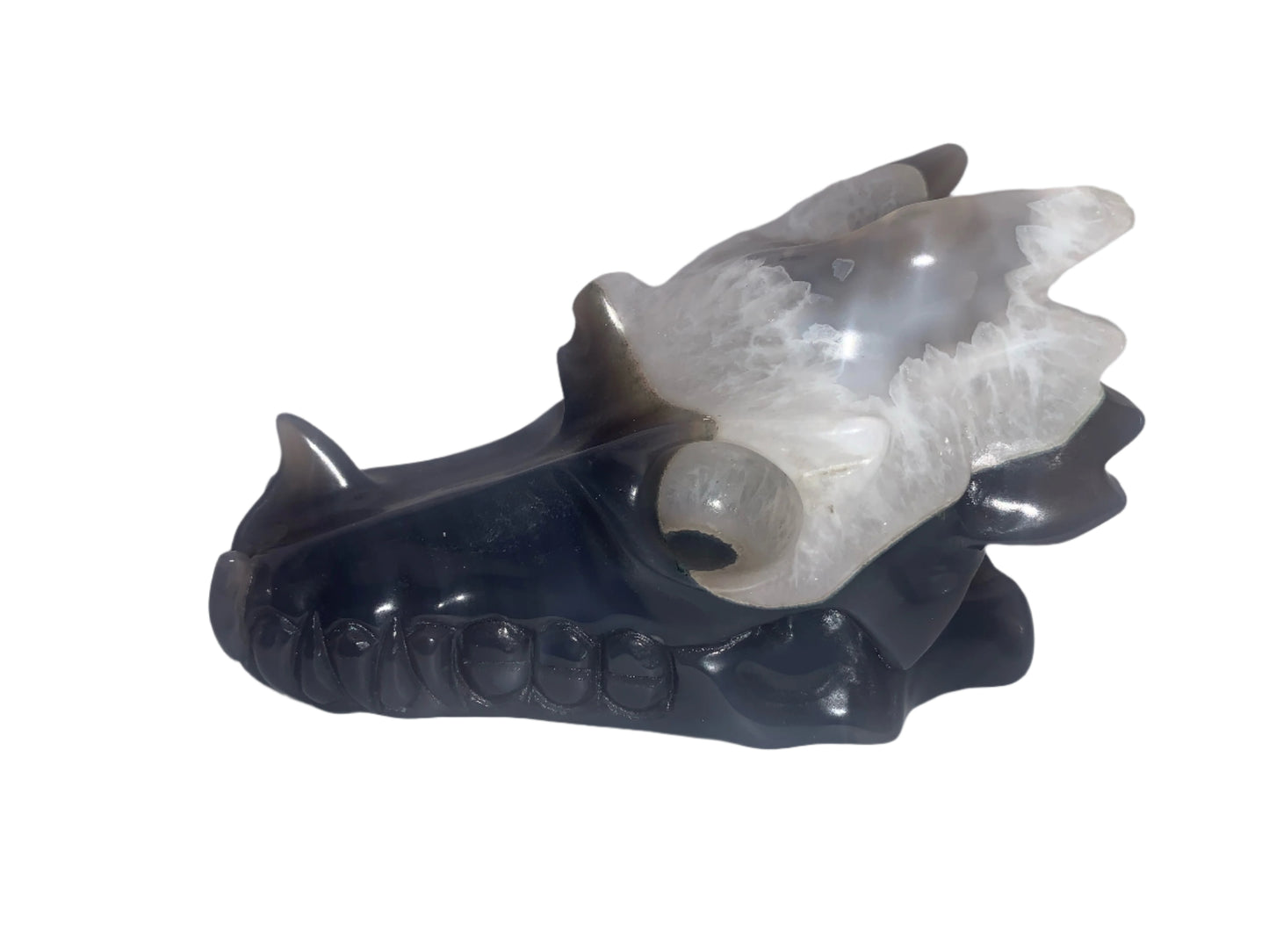 5.3" Gray Agate and White Quartz Dragon Skull