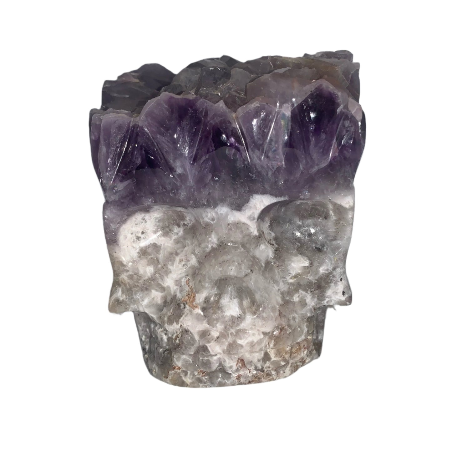 Talla de dragón o calavera de doble cara de 8,5" de amatista alpina y cuarzo blanco