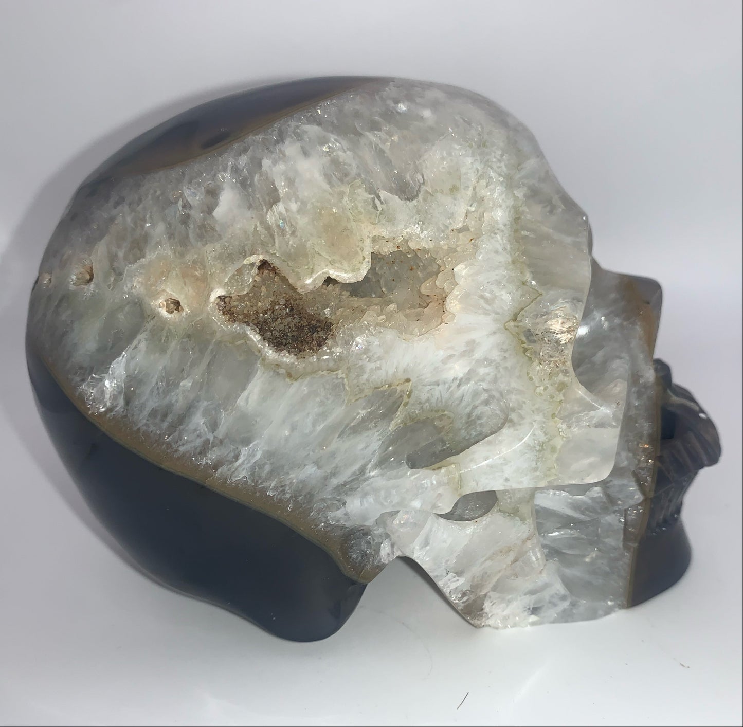 5.4" Agate and Quartz Geode Skull w/ Rainbows