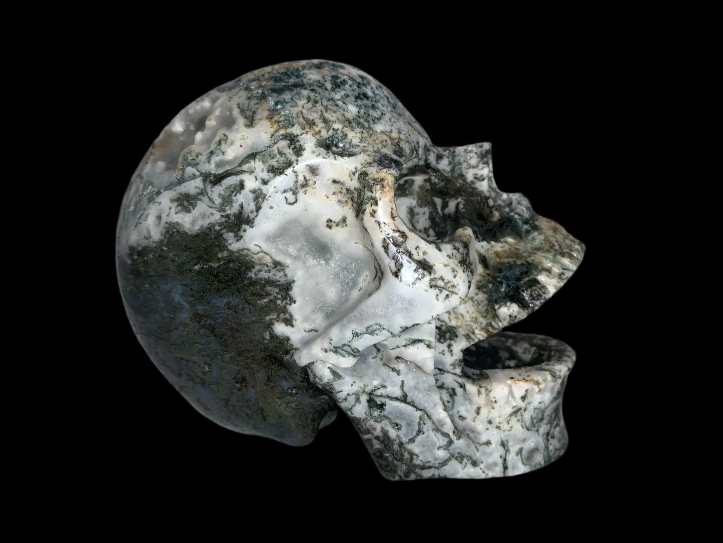 5.6" Moss Agate Singing Skull