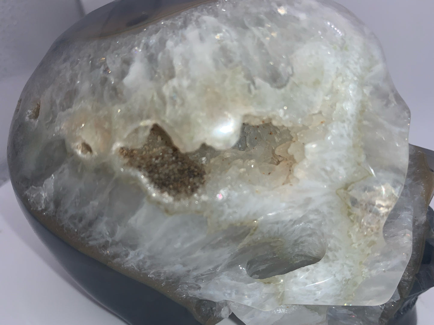 5.4" Agate and Quartz Geode Skull w/ Rainbows