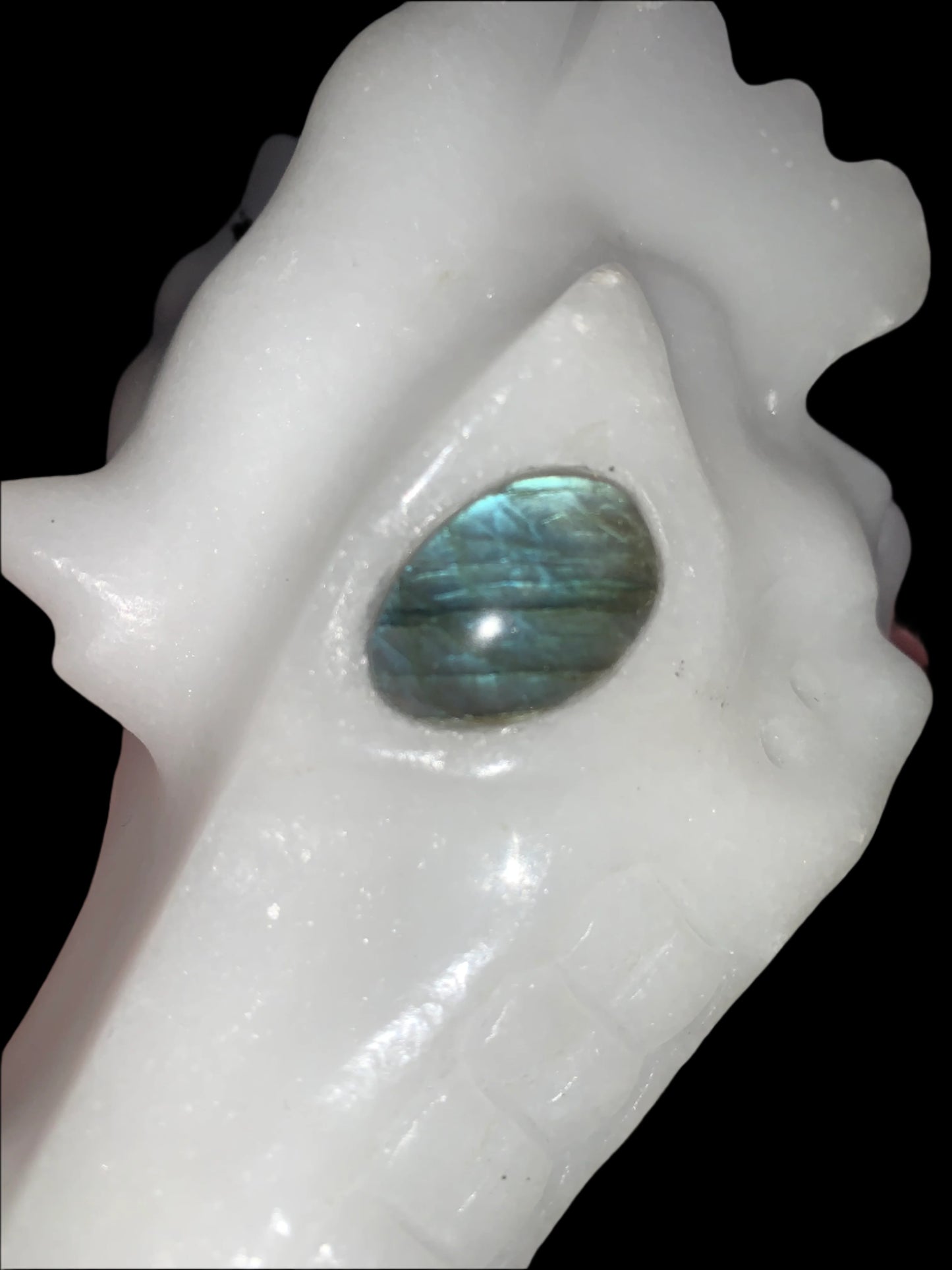 Cráneo de dragón de jade blanco de 5,5" con ojos de labradorita