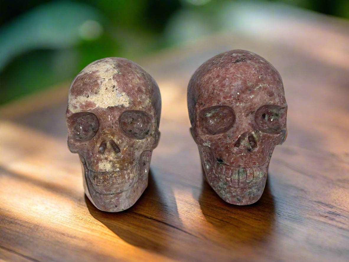 4.4" Pair Of Gatekeeper Peach Blossom Sesame Jasper Skulls