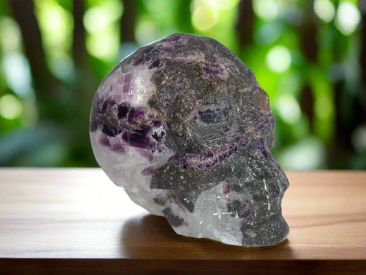 Cráneo de fluorita y cuarzo morado de 4,1" con pirita