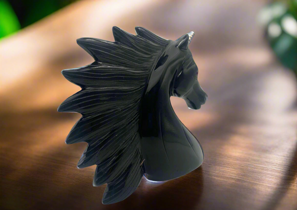 7" Black Obsidian Unicorn w/ Sterling Horn & Ruby Eyes