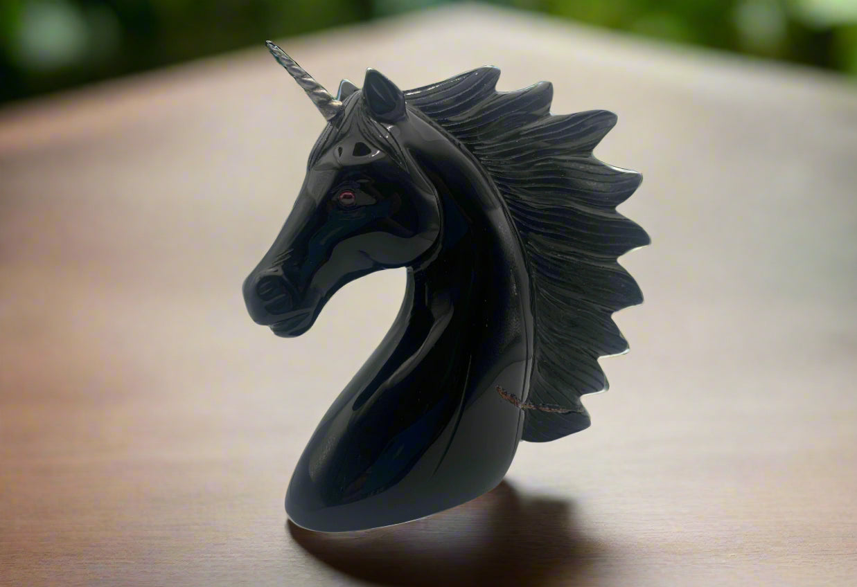 7" Black Obsidian Unicorn w/ Sterling Horn & Ruby Eyes