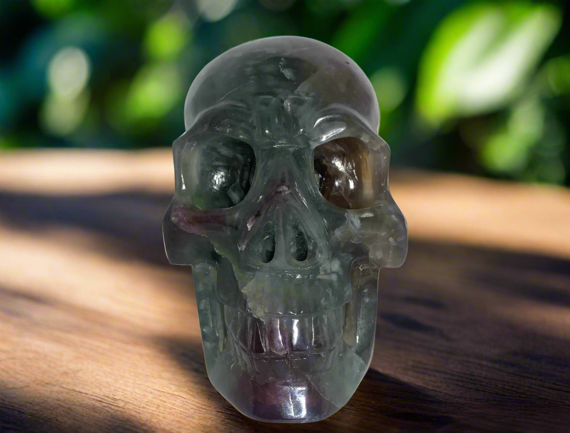 6.4" Rainbow & Black Fluorite Skull w/ Rainbows