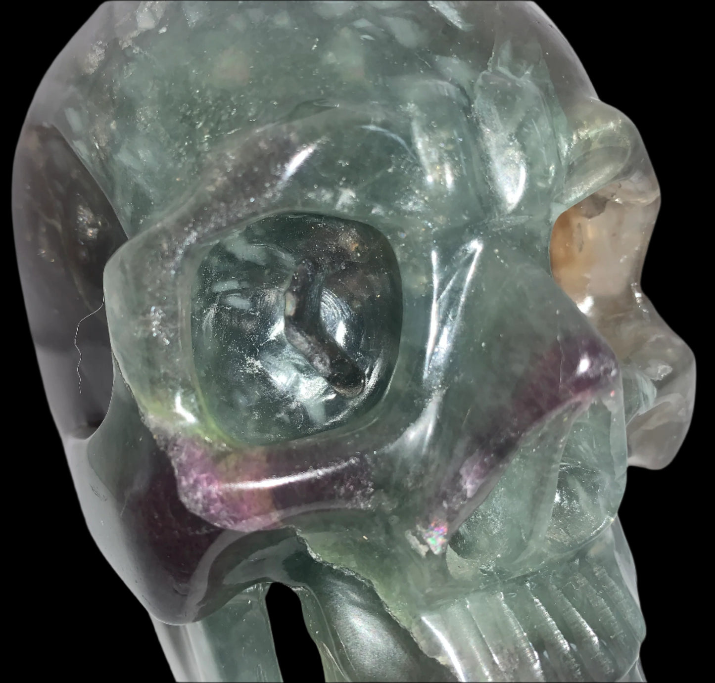 6.4" Rainbow & Black Fluorite Skull w/ Rainbows