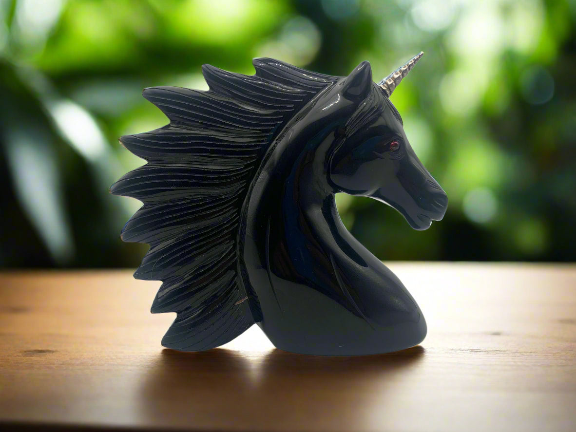 7" Black Obsidian Unicorn w/ Sterling Horn & Ruby Eyes