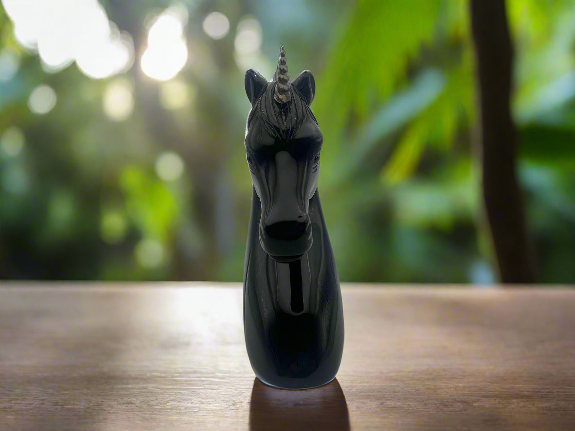 7" Black Obsidian Unicorn w/ Sterling Horn & Ruby Eyes