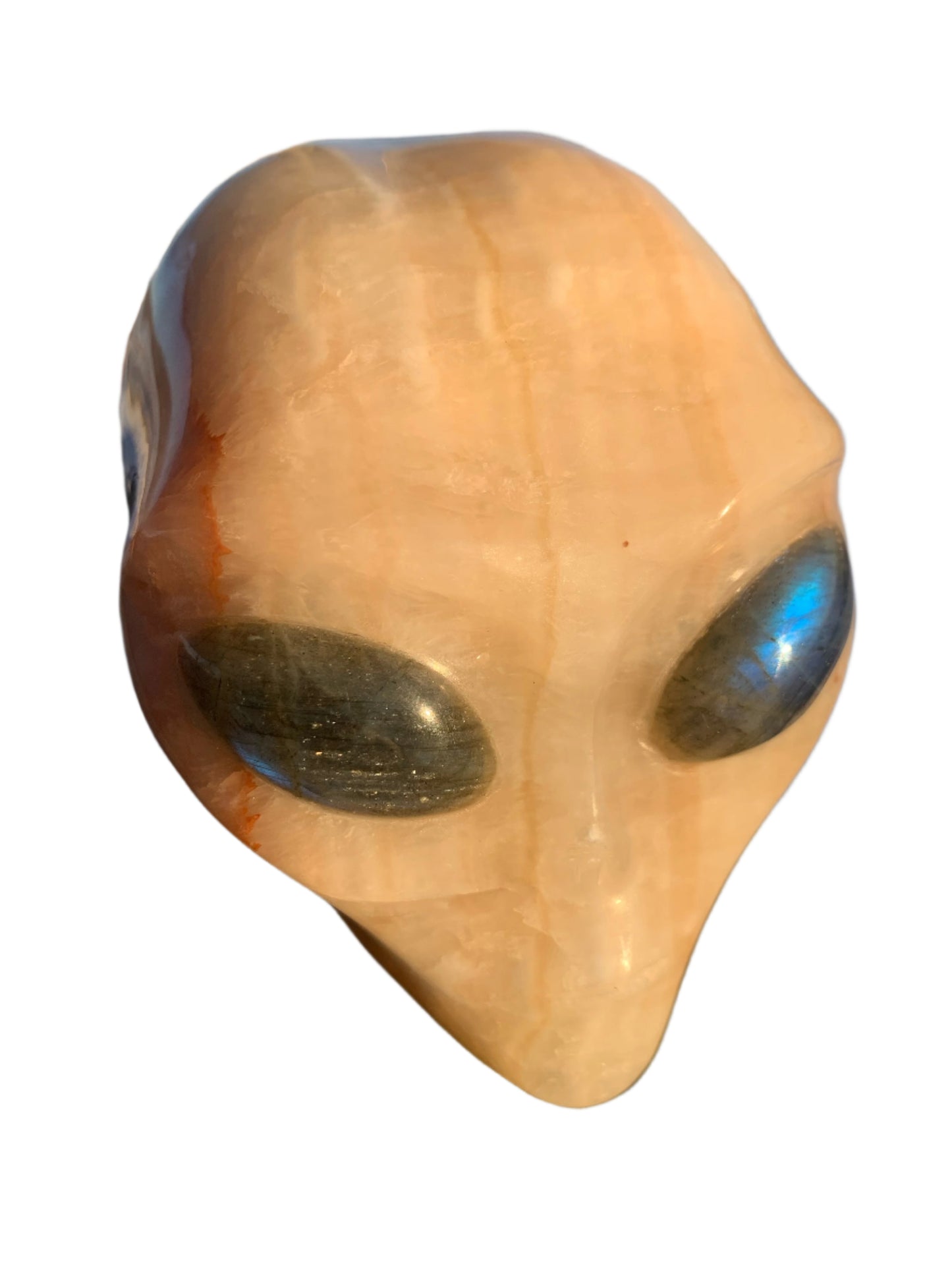 Calavera con forma de estrella de calcita naranja de 4,8" y drusa