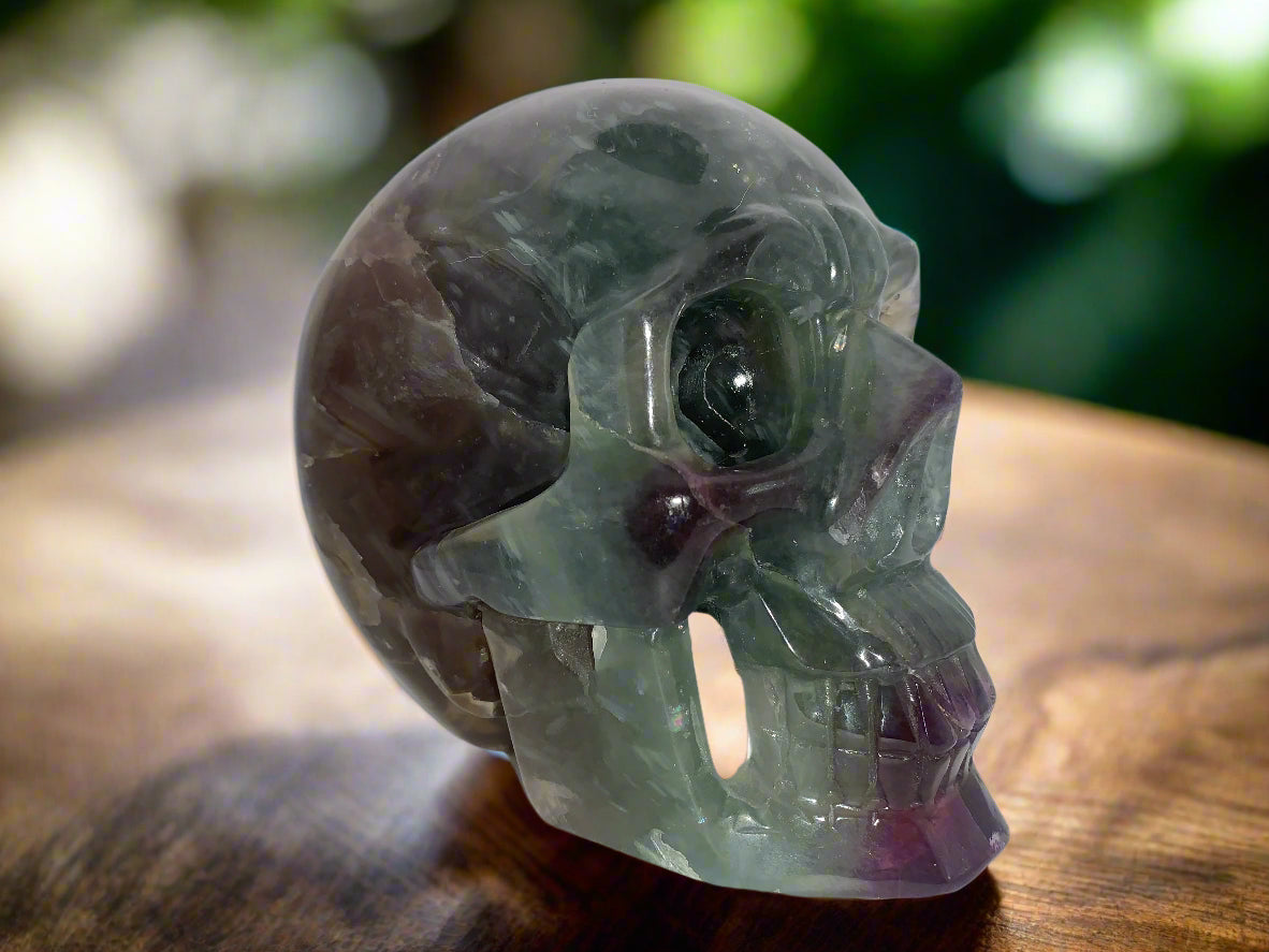 6.4" Rainbow & Black Fluorite Skull w/ Rainbows