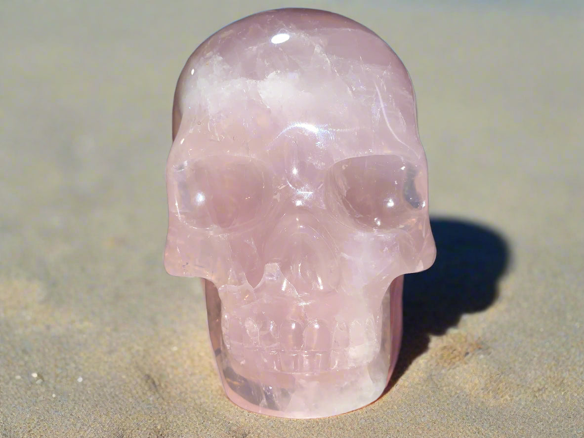 5.3" Self Healed Rose Quartz Skull w/ Rainbows