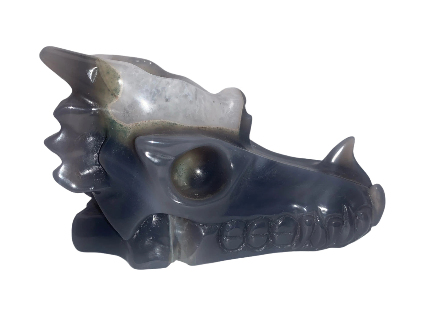 5.3" Gray Agate and White Quartz Dragon Skull