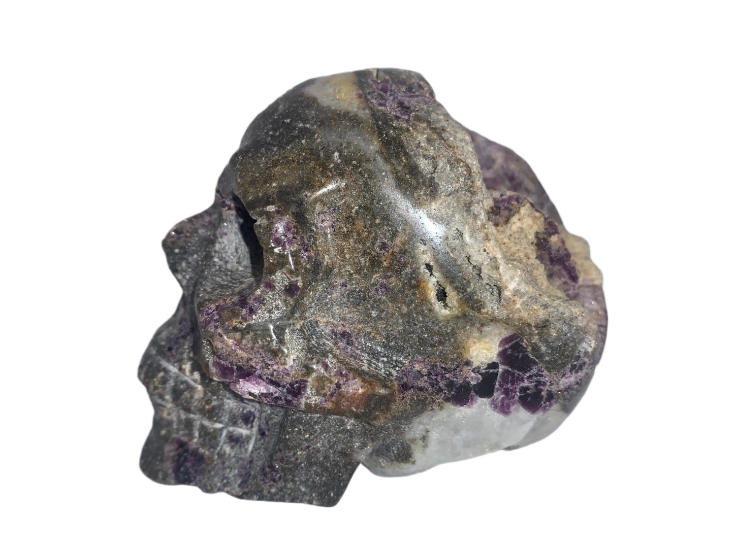 Cráneo de fluorita y cuarzo morado de 4,1" con pirita