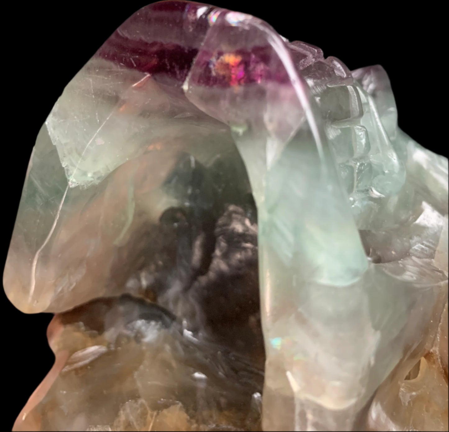6.4" Rainbow & Black Fluorite Skull w/ Rainbows
