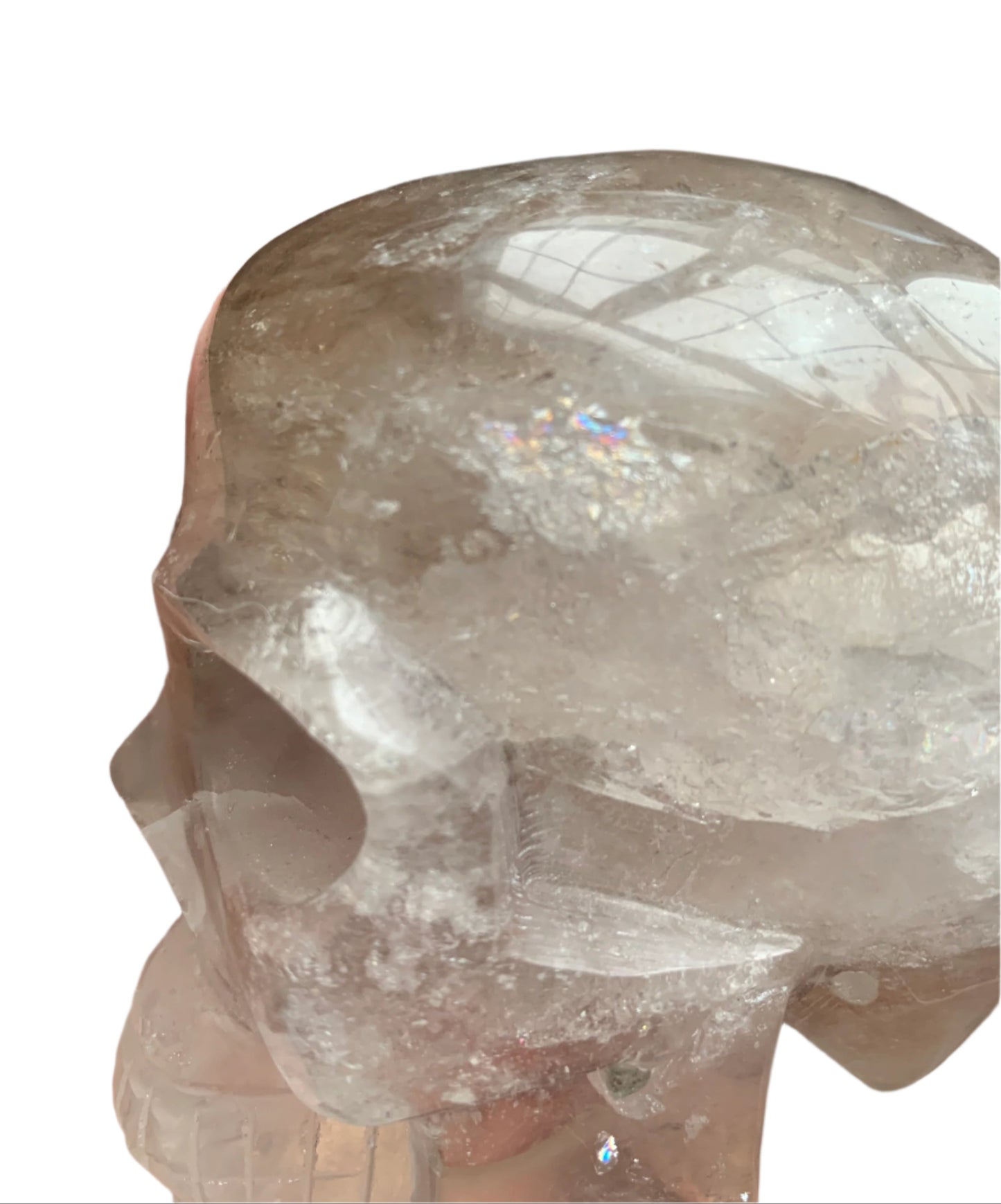 Cráneo de cuarzo ahumado y transparente brasileño de 4,6" con arcoíris