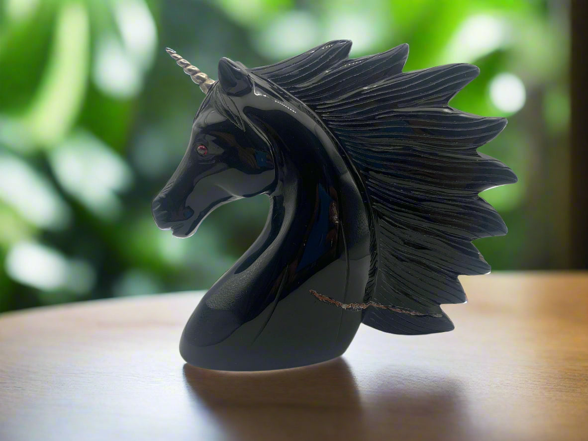 7" Black Obsidian Unicorn w/ Sterling Horn & Ruby Eyes