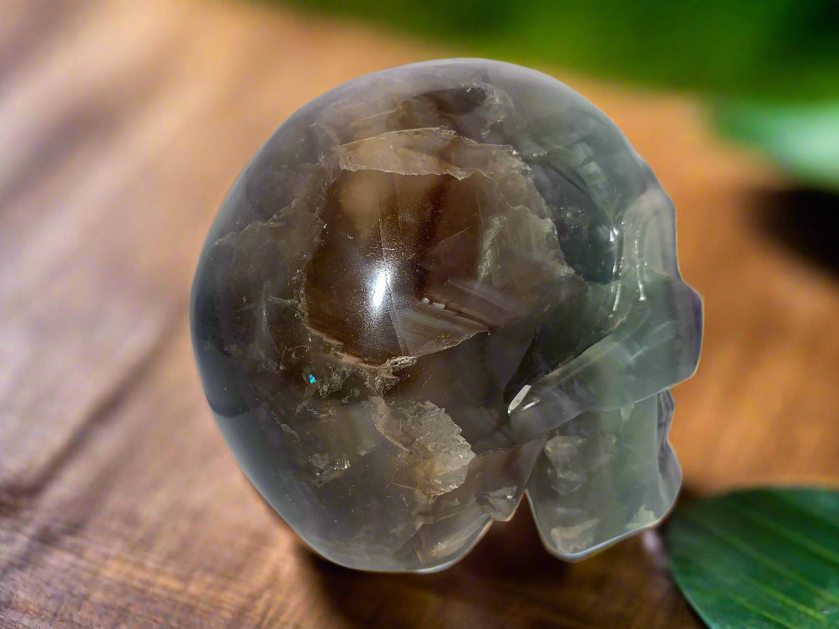 6.4" Rainbow & Black Fluorite Skull w/ Rainbows