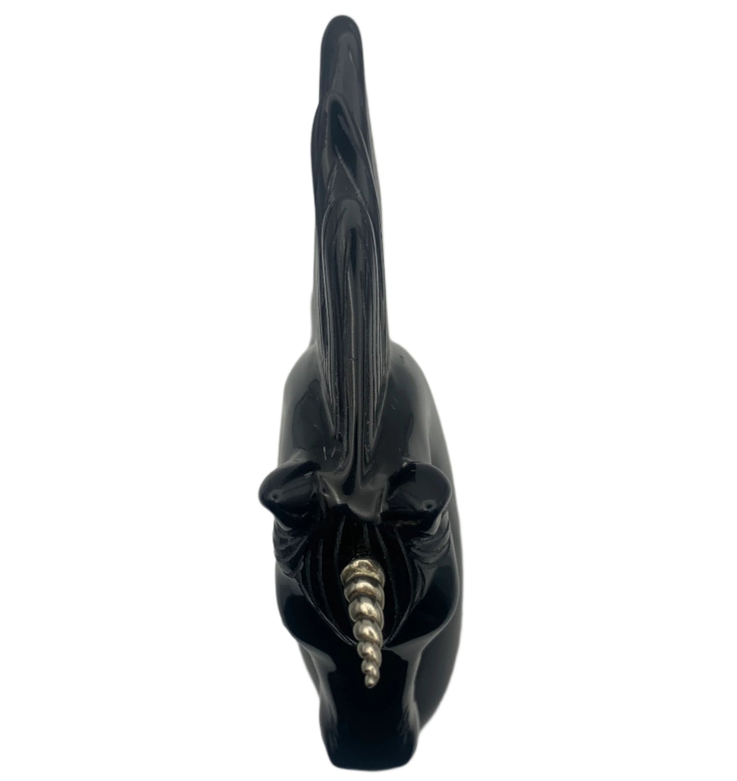 7" Black Obsidian Unicorn w/ Sterling Horn & Ruby Eyes