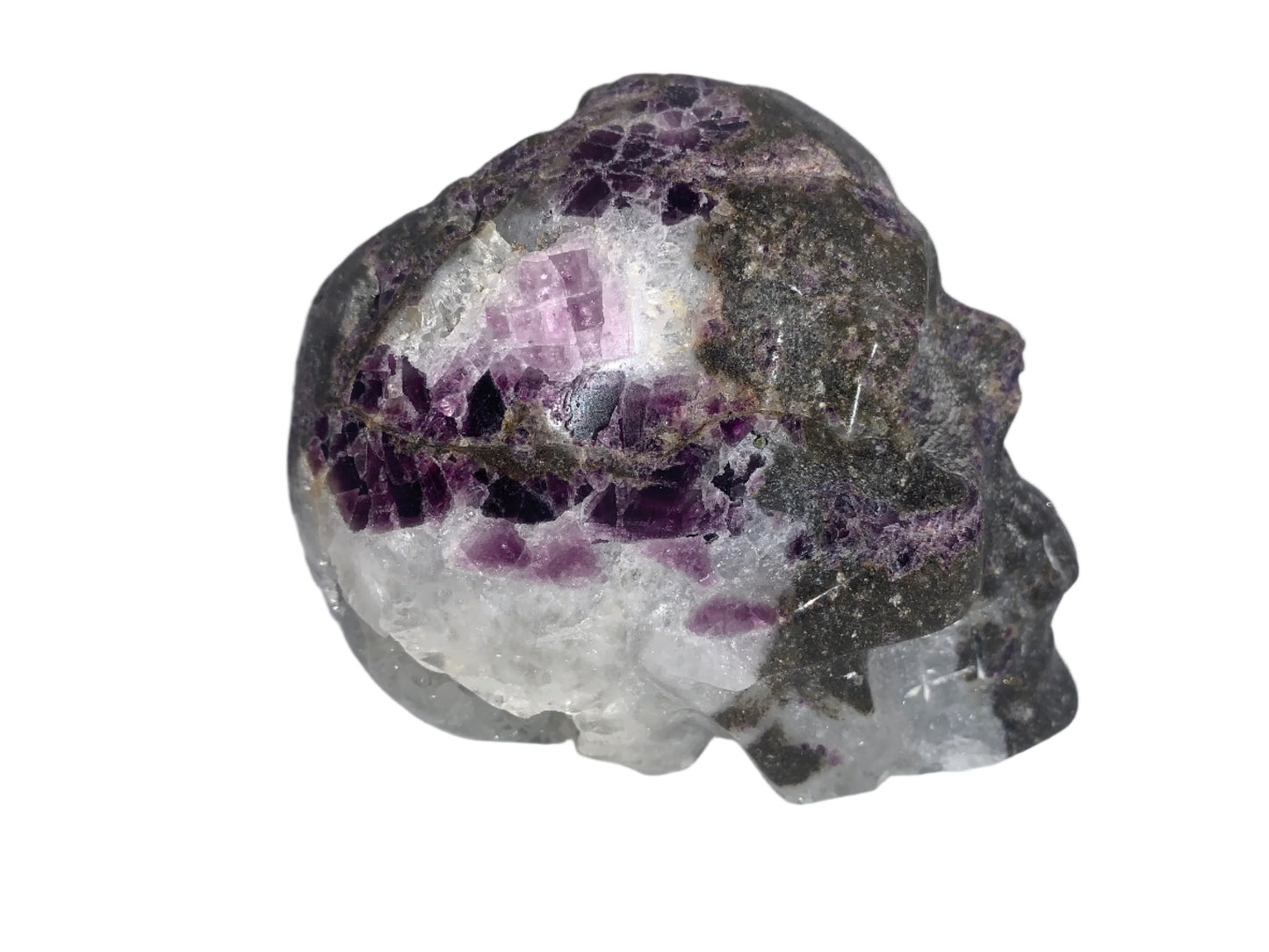 Cráneo de fluorita y cuarzo morado de 4,1" con pirita