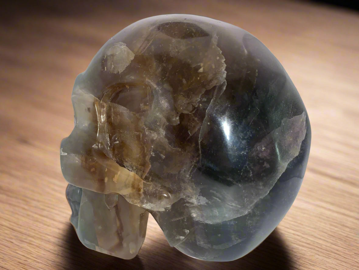 6.4" Rainbow & Black Fluorite Skull w/ Rainbows