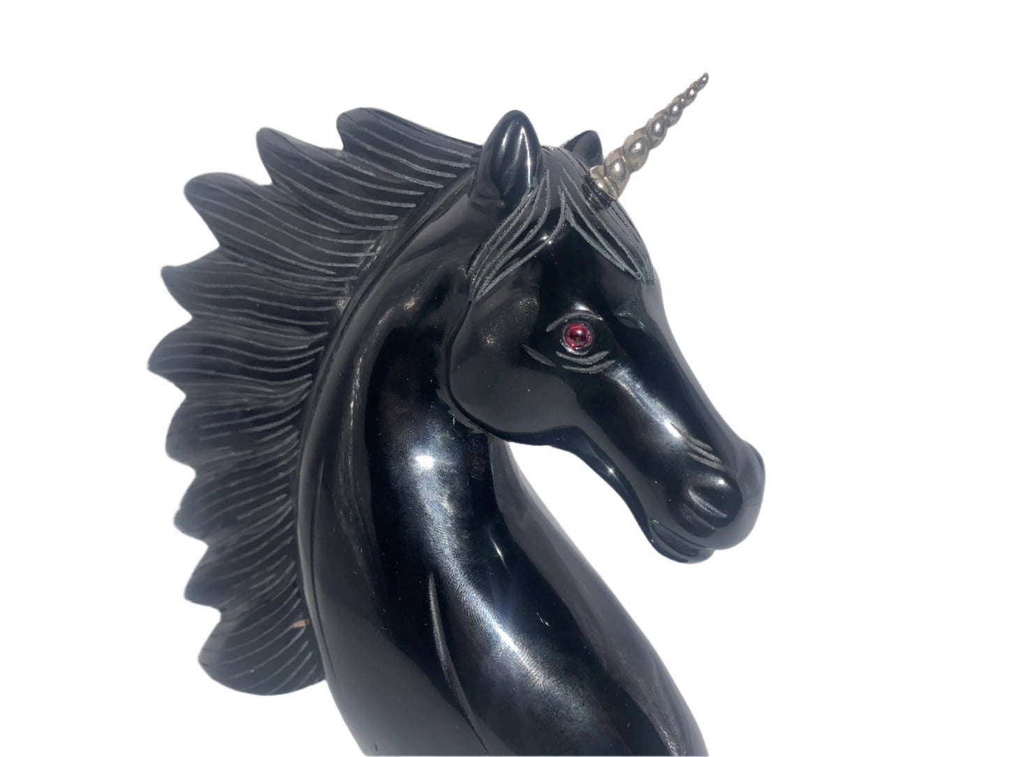 7" Black Obsidian Unicorn w/ Sterling Horn & Ruby Eyes